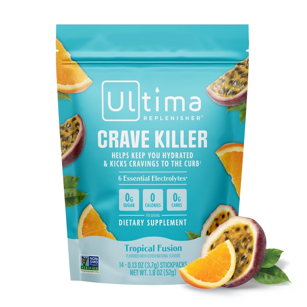 Ultima Repleniser Crave Killer Supplément et poudre d'électrolytes – Fusion tropicale, 14 Stickpacks – Packs d'hydratation Ce coup de pied frémit au Courbe