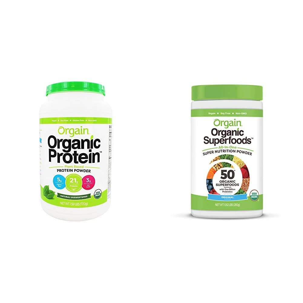 Orgain Organic Plant-Based Protein Powder + Superfood Greens Powder Bundle (1.59lb + 0.62lb)