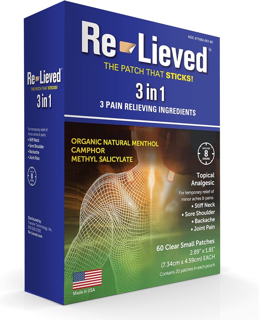Relieved 3-in-1 Patches — Organic Natural Menthol, Camphor und Methyl Salicylate — Superior Sticking Clear Pain Patch — Aluminiumfrei, Wasserbeständig und USA Made — 60 Count