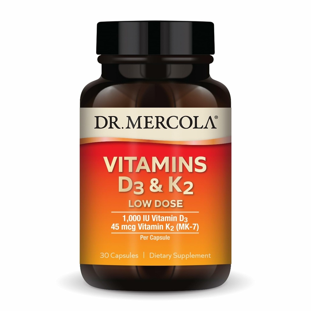 Dr. Mercola Vitamine D3 & K2 Low Dose - Vitamin D Levels erhalten - Unterstützt Immun- und Knochengesundheit - MenaQ7 Chickpea-Sourced K2 - Non-GMO, Gluten-Free & Soy-Free - 30 Kapseln (30 Portionen)