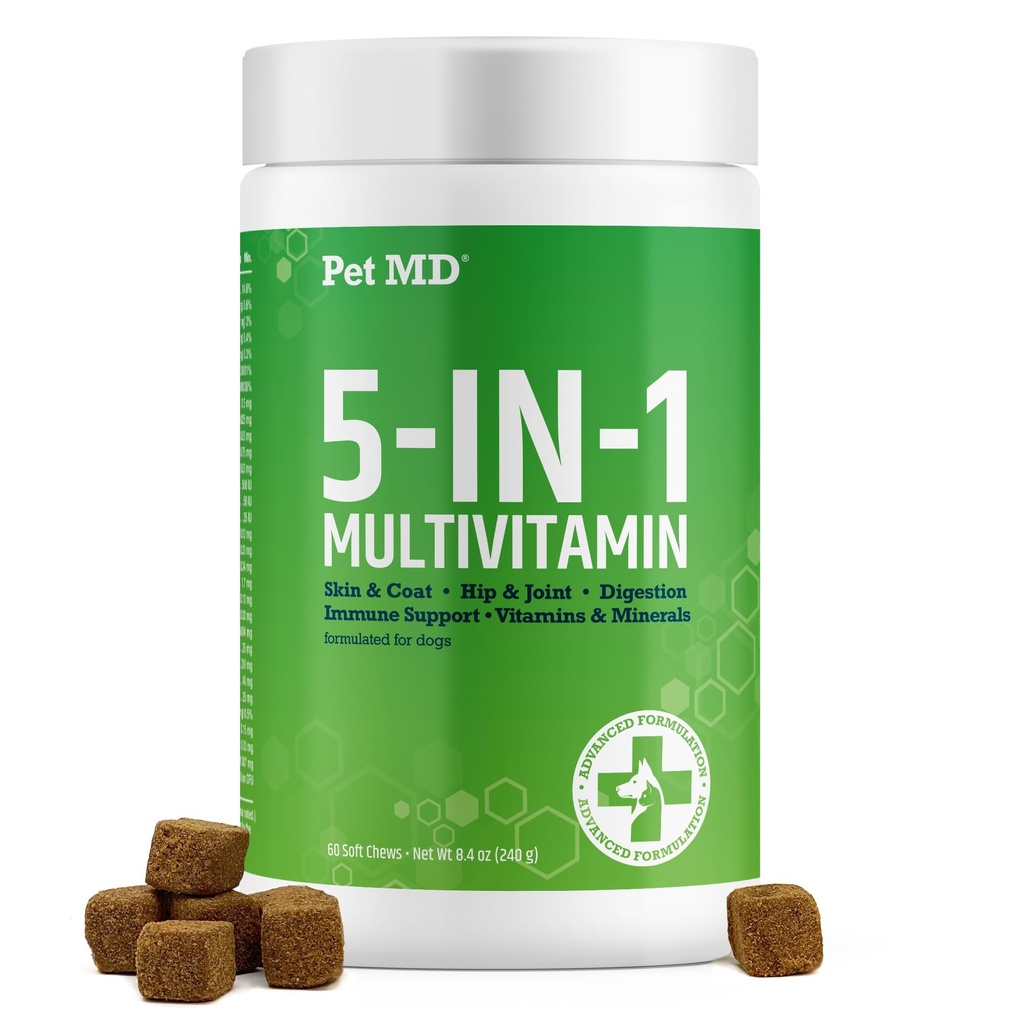 Pet MD 5in1 Hund Multivitamin - 30 essentielle Vitamine, Mineralstoffe & Nährstoffe für Haut & Mantel, Hip & Joint, Verdauung, Senior Dog & Welpen Vitamine - Glucosamin, Omega 3 6 9, & Probiotika - 60ct