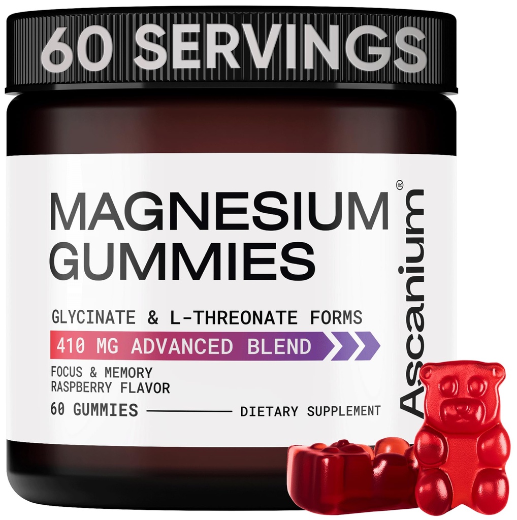 Magnesium-Gummien - 410mg elementares Magnesium-Glycinat & L-Threonat-Ergänzungskomplex - Vegan Magnesium-Glycinat-Gummien für ruhige Stimmung, Muskel- und Herzunterstützung - Kaubares Magnesium-Gummi 60 Stück