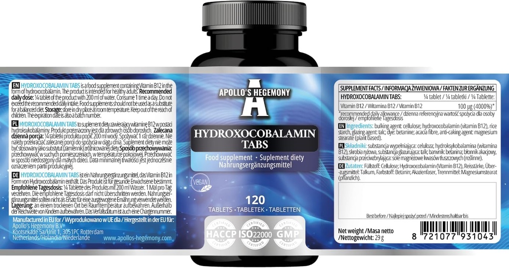 Hydroxocobalamin 100 μg pro Servierung - Vitamin B12-120 Vegan Tabletten - 480 Servierungen - Unterstützt Nervous System und reduziert Fatigue - Nahrungsergänzung durch Apollos Hegemonie