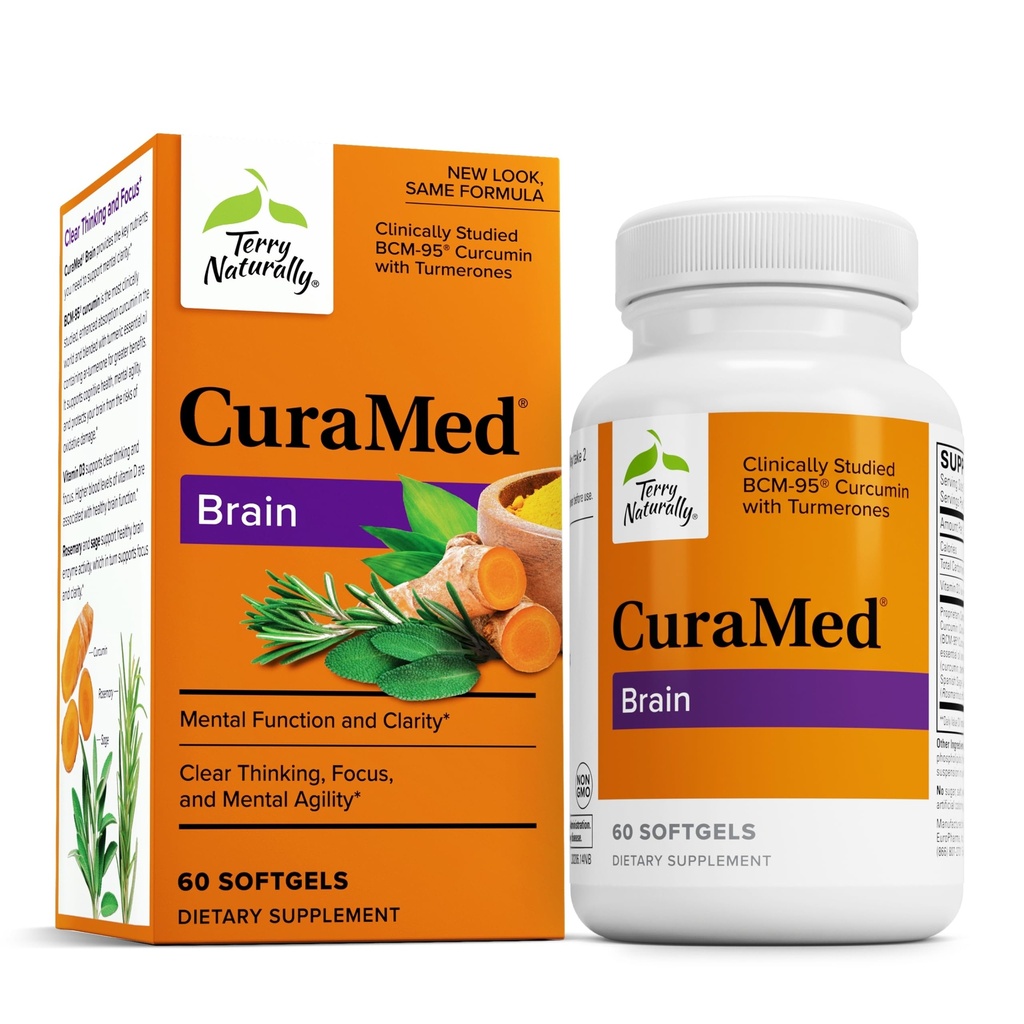 Terry Natürlich CuraMed Brain - Nahrungsergänzungsmittel zur Unterstützung von Clarity & Focus - Brain Health Supplement mit Curcumin & Turmeric Essential Oil zur Hilfe Konzentration - 60 Softgels