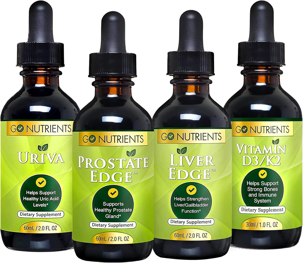 Gehen Sie Nährstoffe Men's Health Bundle - Vitamin D3/K2, Liver Edge, Prostata Edge, Uriva – umfassende Unterstützung für Knochen, Leber, Prostata und Uric Acid Health – steigert Energie, Vitalität und Körperverteidigung