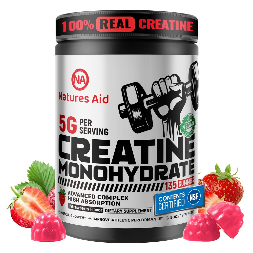 Natures Aid Creatine Monohydrate Gommies (5g) – Pré-entraînement Énergie et soutien à la croissance musculaire pour les hommes et les femmes