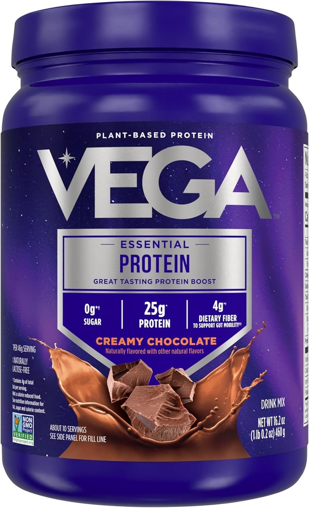 Vega Original Essential Protein - 25g Plant-Based Protein, Creamy Chocolate, 10 Servings, Vegan Non-GMO Drink Mix, Smoothie & Shake Ready, Gluten Free, Dairy Free, 16.2oz (Packaging May Vary)