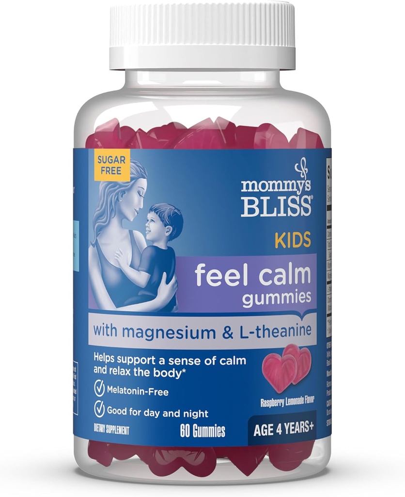 Les enfants heureux de maman se sentent calme Gummies, soutenir un sentiment de calme et de détente Le corps, fait avec Magnésium, L-théanine, sans sucre Lémonade de framboise Saveur, Age 4+, 60 Gummies