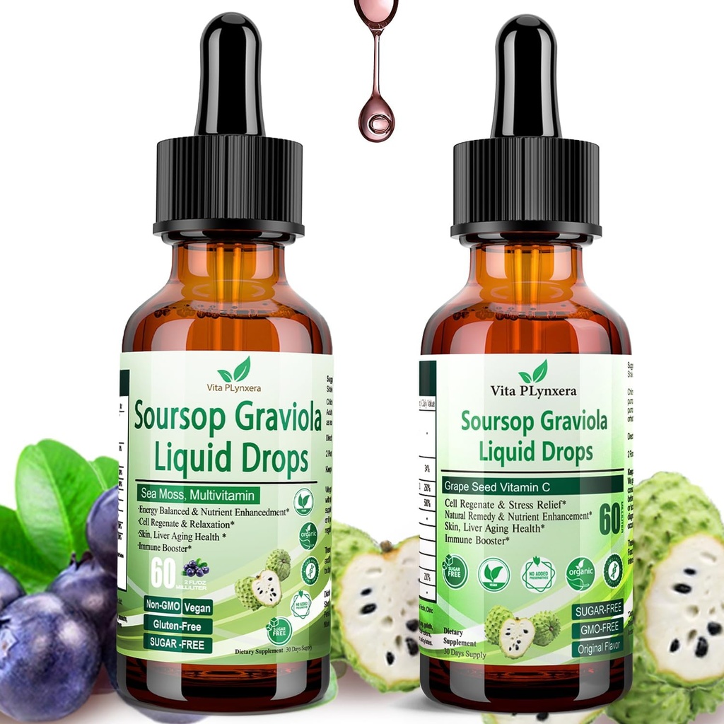 2 Pack Soursop Bitters Liquid Organic Soursop Extract Multivitamin Drops w. Sea Moss, Grape Seed, Elderberry, Unrefined Soursop Oil for Skin, Immune Boost, Digestion Aid