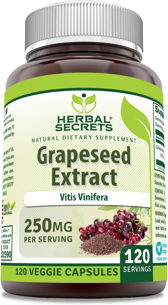 Herbal Secrets Grapeseed Extract Supplement | 250 Mg pro Servieren | 120 Veggie Kapseln | Non-GMO | Gluten-Free | Made in USA