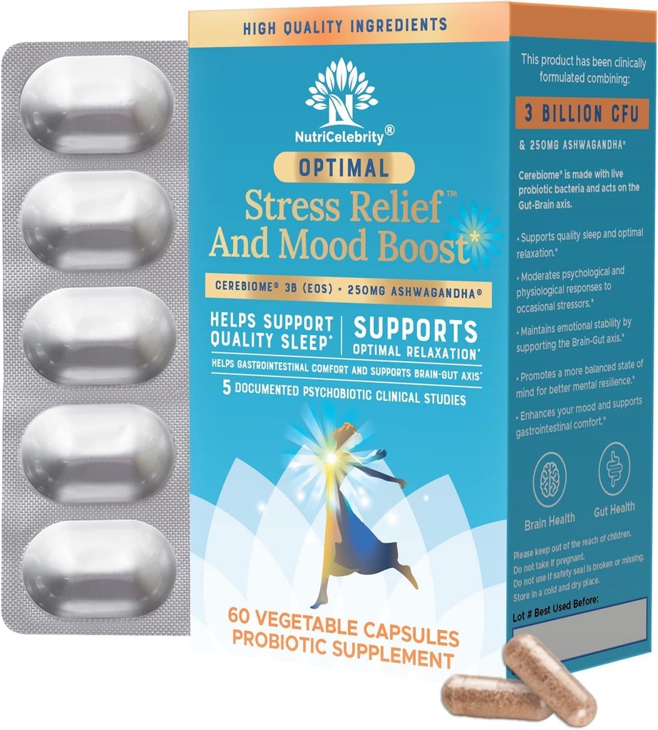 Nutricelebrity Optimal Stress Relief Supplement, Mood Unterstützung, Schlafhilfe, Ashwagandha Organic, KSM-66, Gehirn Fokus, Probiotika für Frauen, Gut Gesundheit, Vegan Non GMO 60 Tage Versorgung - 2 Pack