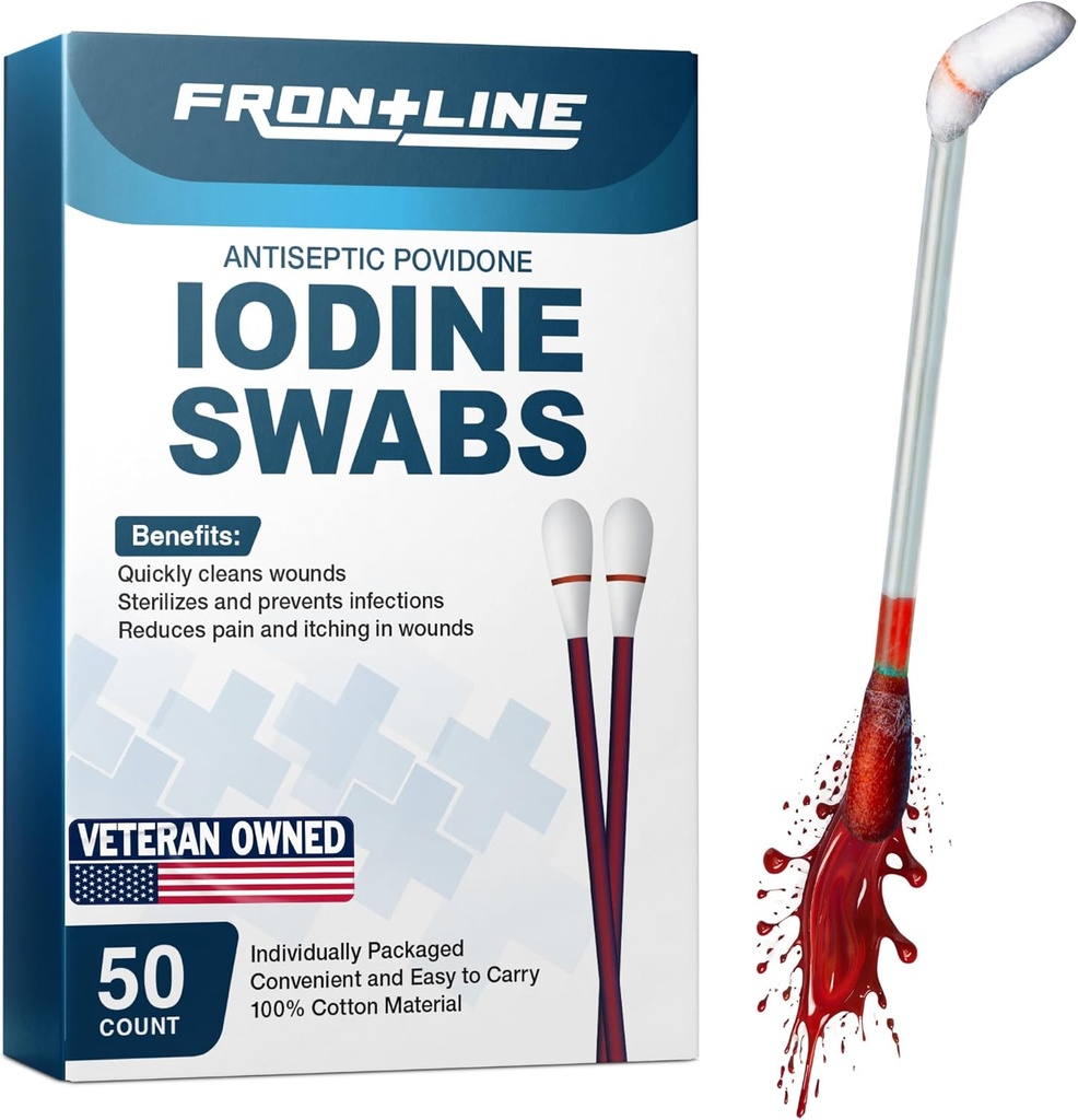 FrontLine Povidone Iodine Swabs, Antiseptiques Swabsticks, Solution Iodine, Nettoyant Swab de coton, Fournitures médicales enrobées individuellement, Soins des plaies, Premiers soins, Nettoyant des plaies, Boîte de 50
