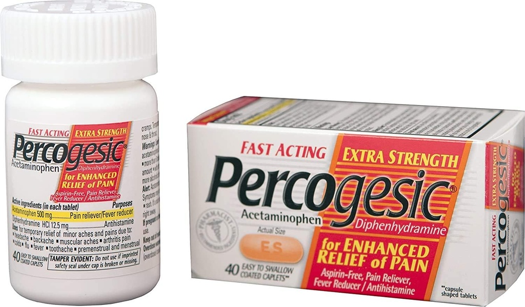 Percogesic Aspirin Free Pain Relief Tabletten, Extrastärke, Acetaminophen und Diphenhydramin, 40 ct (Pack von 1)