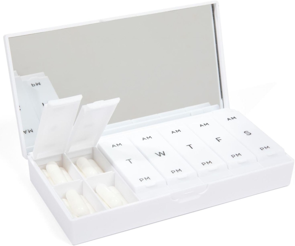PORT X POLISH Designer Organisateur hebdomadaire de boîtes à pilules (AM/PM 2X Daily, Crisp White)