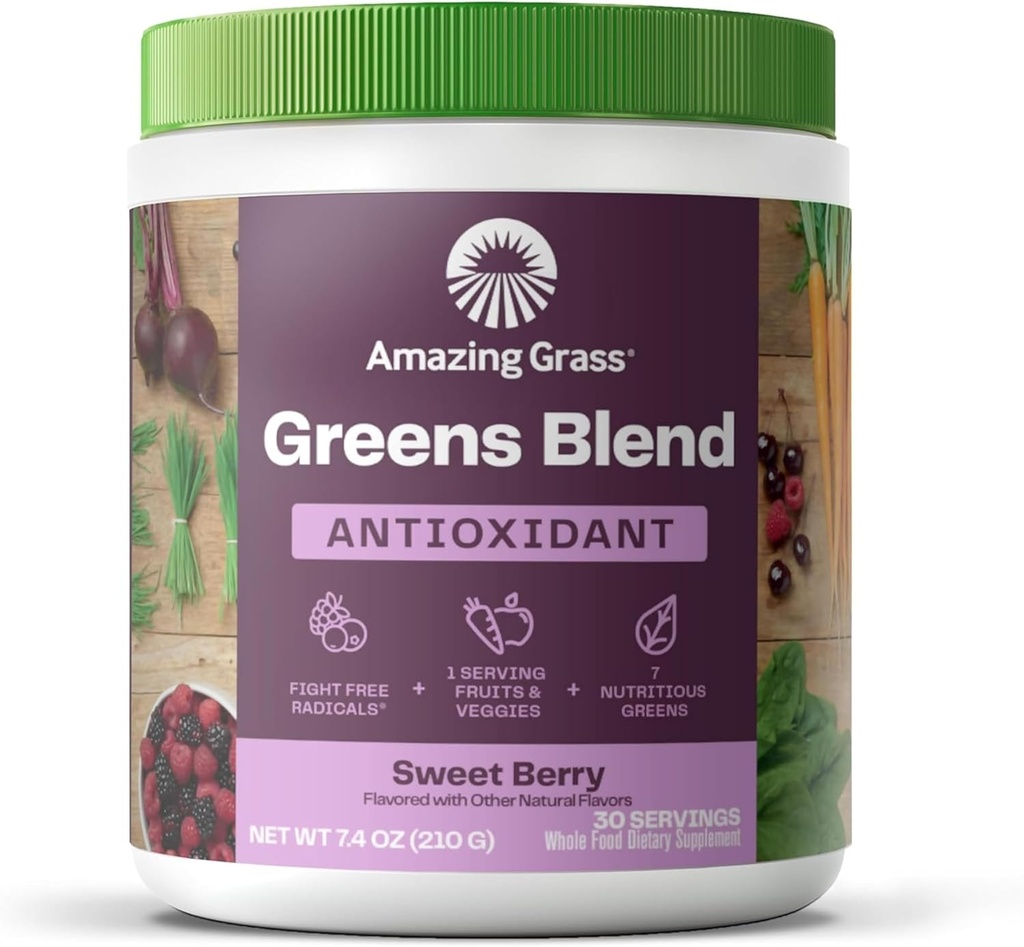 Erstaunliche GrasgrÃ1⁄4nen Mischung Antioxidans: Super Greens Powder Smoothie Mix mit Bio Spirulina, Beet Root Powder, Elderberry, Bilberry, Prebioitics & Probiotics, Sweet Berry, 30 Portionen (Packaging Mai Vary)
