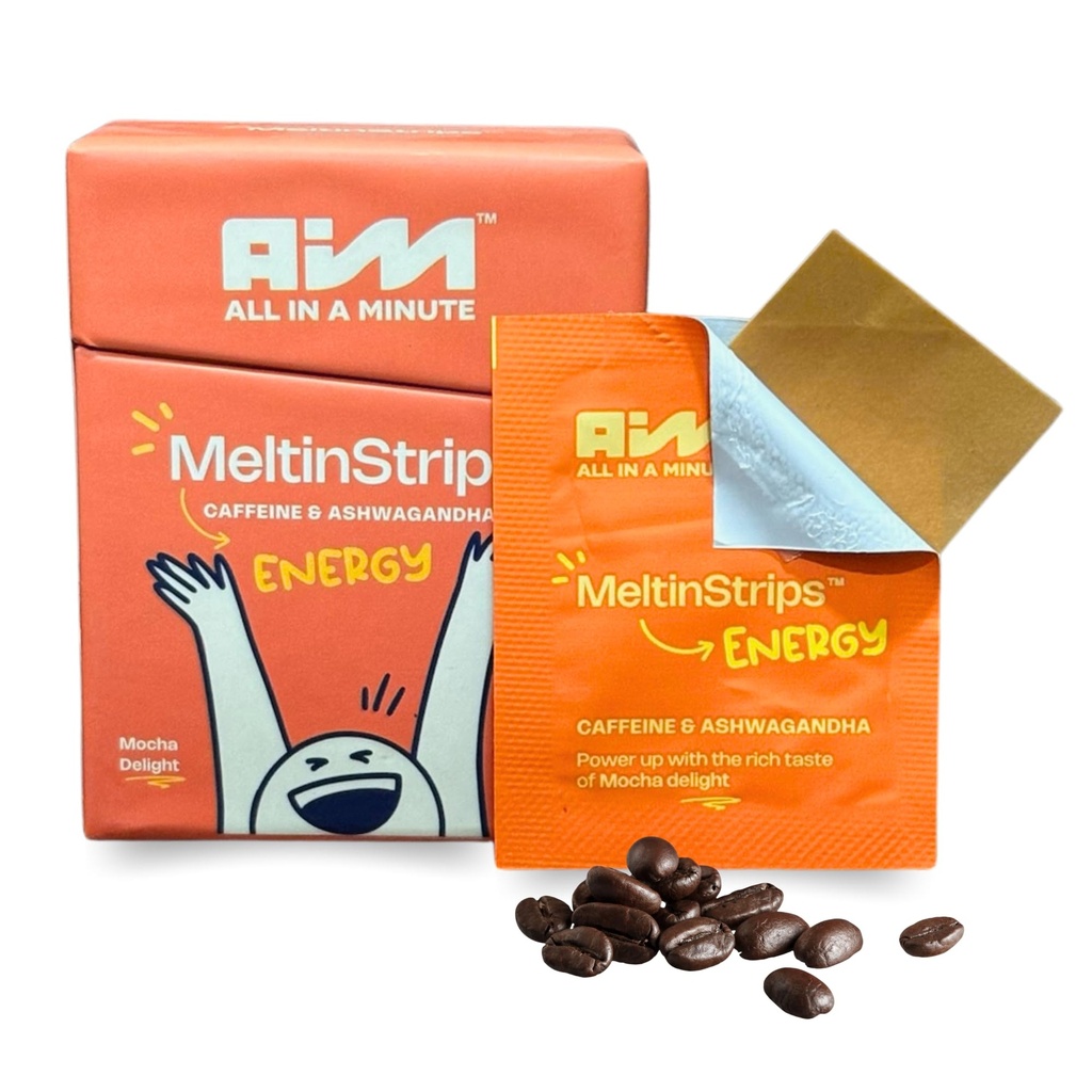 MeltinStripsTM Bandes d'énergie avec 40mg de caféine, 20mg Ashwagandha & Vitamine B12.
