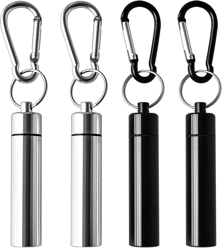 4 Pack Portable Pill Box Container Case Aluminium Alliage Porte-clés Pill Holder Waterproof Metal Earplugs Boîte à dents pour les voyages en camping de plein air (2Pcs Noir + 2Pcs Argent)