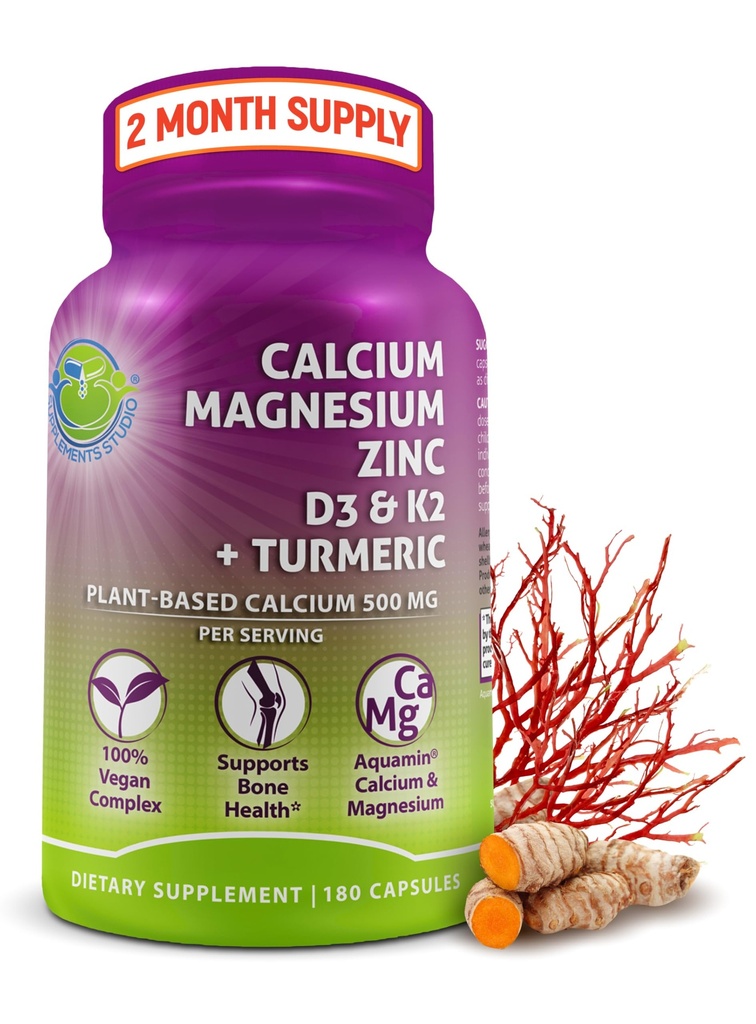 Calcium à base végétale 500mg (Aquamin) – Calcium végétalien zinc de magnésium D3 avec vitamine K2 et curcuma organique – amélioration de la santé des os et des muscles et de la force, soutien immunitaire pour les femmes et les hommes - 180 Nombre