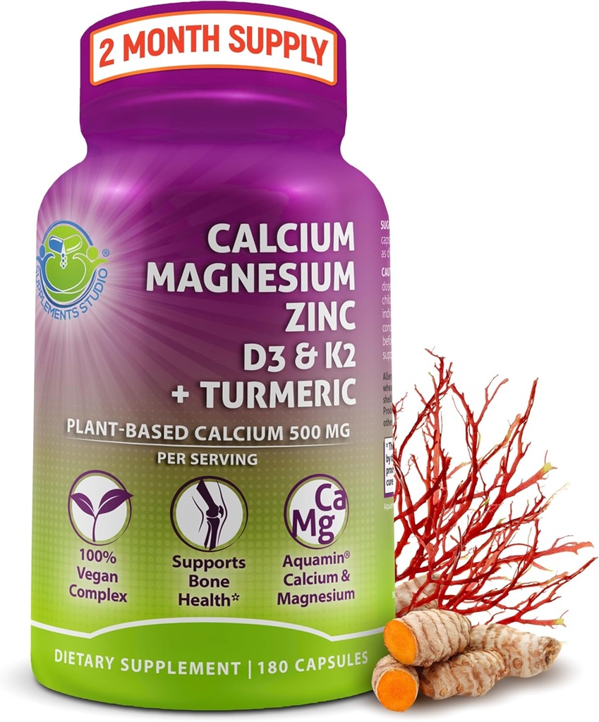 Calcium à base végétale 500mg (Aquamin) – Calcium végétalien zinc de magnésium D3 avec vitamine K2 et curcuma organique – amélioration de la santé des os et des muscles et de la force, soutien immunitaire pour les femmes et les hommes - 180 Nombre