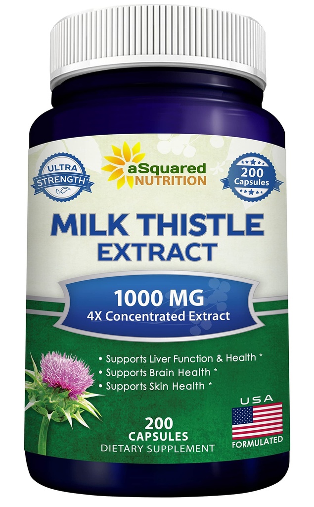 aSquared Nutrition Lait Thistle Supplément 1000mg-200 Capsules,Max Strength 4X Extrait concentré 4:1 Lait Thistle en poudre Pilules, 1000 mg Silymarin Extrait pour le soutien du foie, nettoyage, désintoxication