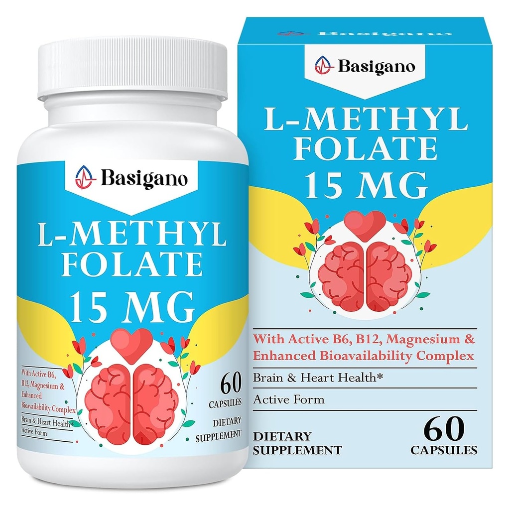 15mg L Methylfolat (5-MTHF)- Aktive Folsäure angereichert mit Vitaminen B6 und B12-60 Vegetarische Kapseln - Nicht-GMO, Glutenfrei