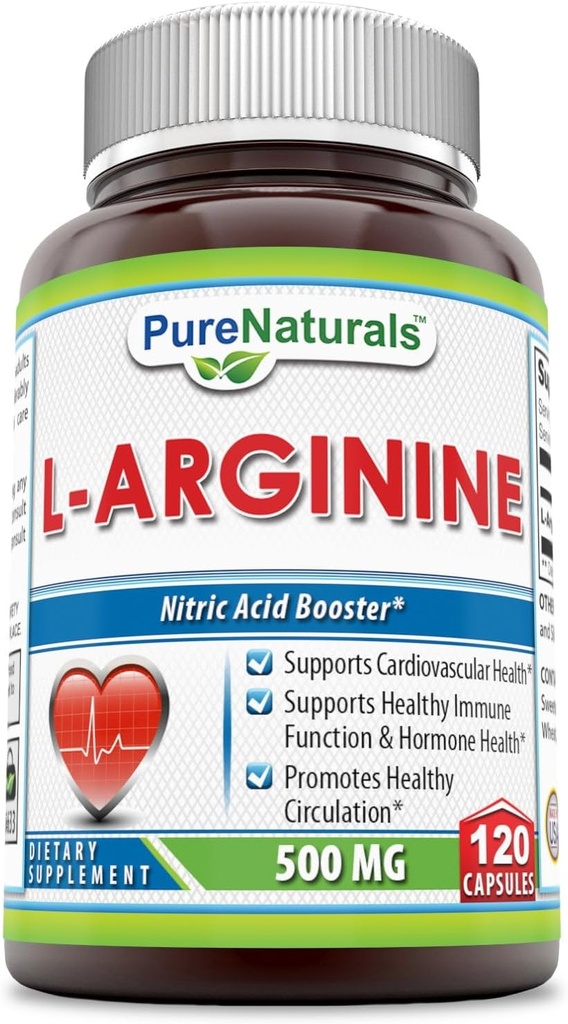 Pure Naturals L-Arginin 500 Mg Kapseln, unterstützt Herz-Kreislauf-Gesundheit, unterstützt gesunde Immunfunktion und Hormon-Gesundheit, fördert gesunde Zirkulation (120)
