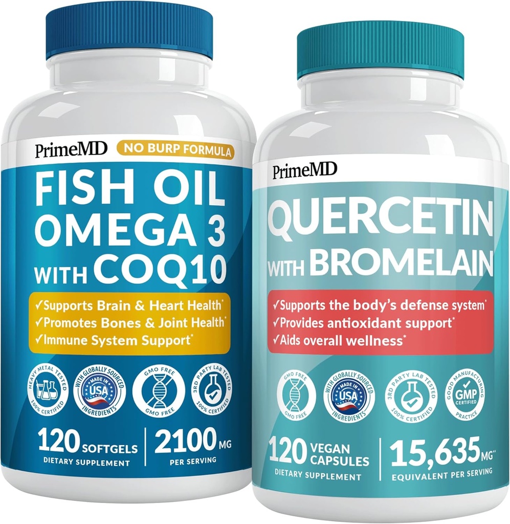 4-in-1 Fischöl Omega 3 Ergänzungen (2100mg) - Omega 3 Fischöl mit Vitaminen D3 & K2 und CoQ10 & 28-in-1 Quercetin mit Bromelain-Ergänzung für die tägliche Immunabwehrunterstützung (120ct)
