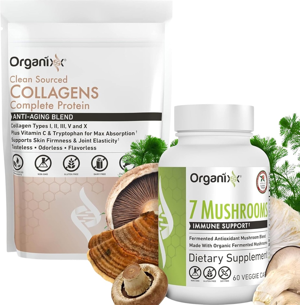 Organixx Clean Sourced Collagen Powder, Unflavored, 20 Portionen & Organische Pilzergänzung (60 Vegetarische Kapsel)