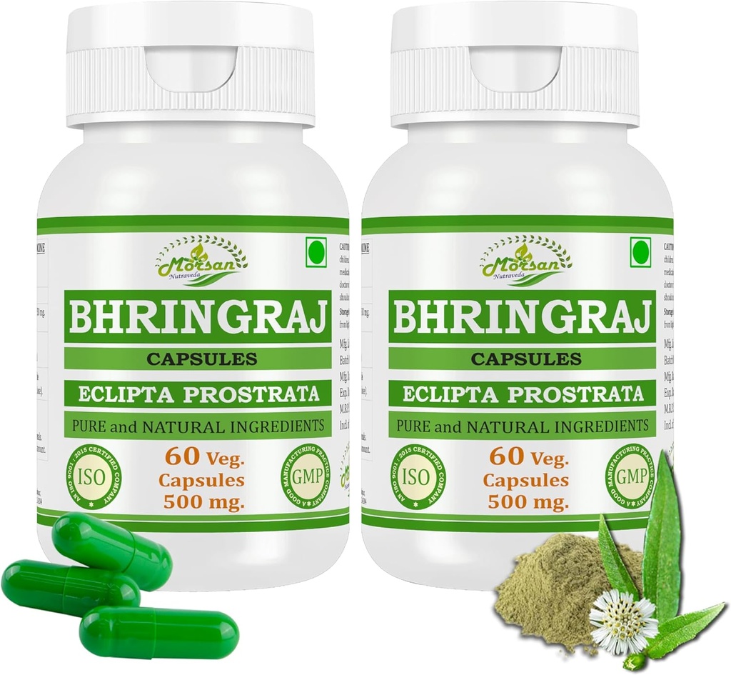 Bhringraj (Eclipta Prostrata) Kapseln für Männer und Frauen | Premium Ayurvedic Kräuterergänzung | 500 mg. pro Servieren | 60 Veggie Kapseln | Hergestellt mit natürlichen Bhringraj Pflanze | Packung von 2 x 60 Kapseln