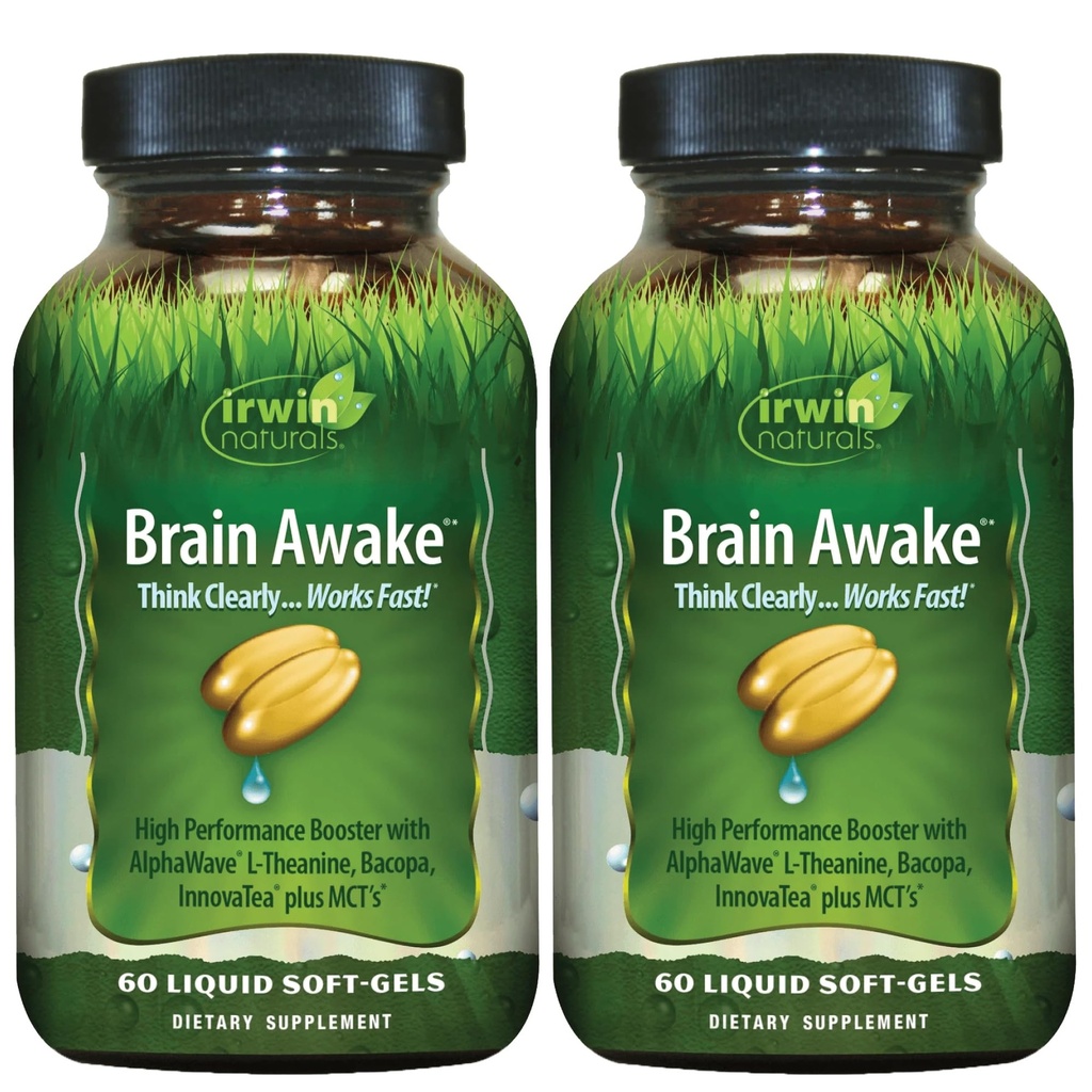 Irwin Naturals Brain Awake - 60 Liquid Softgels, Paket von 2 - Enhanced Mental Performance, Erhöhter Fokus, Klarheit & Konzentration - Nootropic Booster mit L-Theanin, Bacopa, MCT
