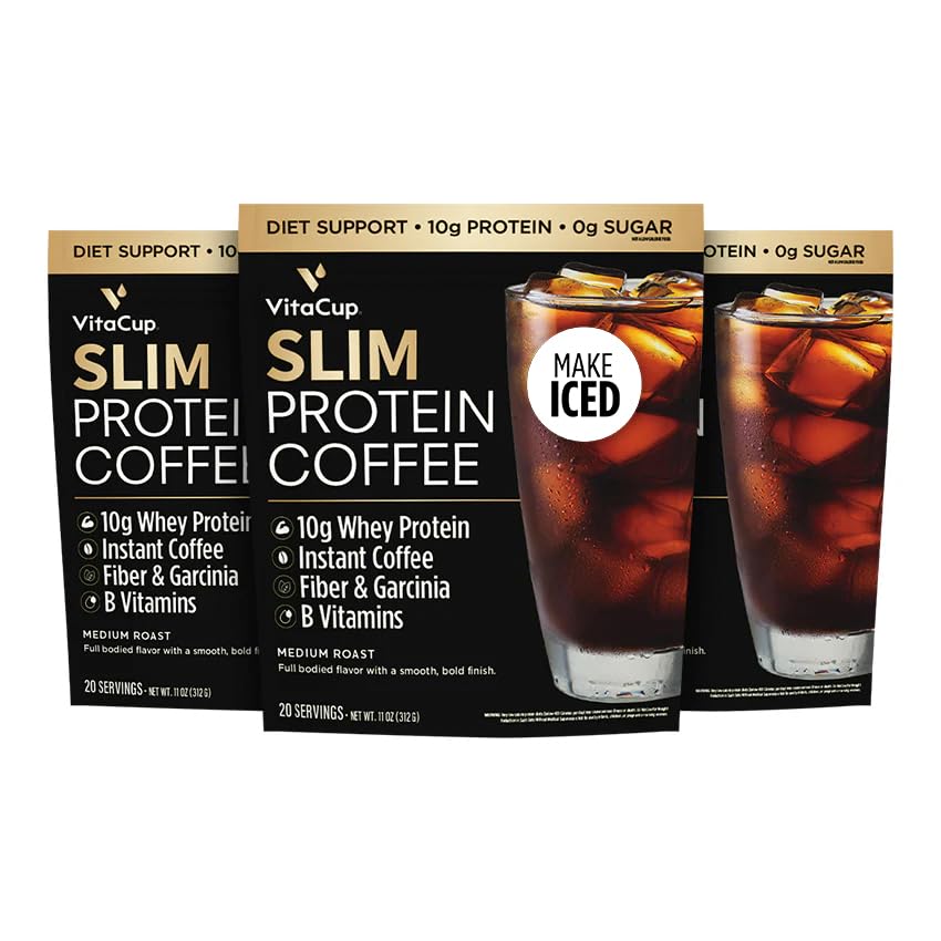 VitaCup Slim Protein Kaffee Shake für Diät-Unterstützung, Instant Kaffee w/Whey Protein Pulver, B Vitamine & Fiber, Dietitian Entwickelt für Leistung & Geschmack, Machen Sie wie Iced oder Shake, 3 Taschen