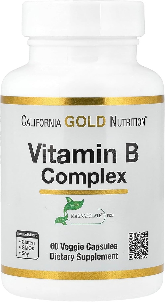 California Gold Nutrition Vitamin B Complex, Thiamin B1, Riboflavin B2, Niacin B3, Pyridoxin B6, Biotin B7, Pantothensäure B5 und Pro Folate B9, Glutenfrei, Non GMO, 60 Veggie Kapseln