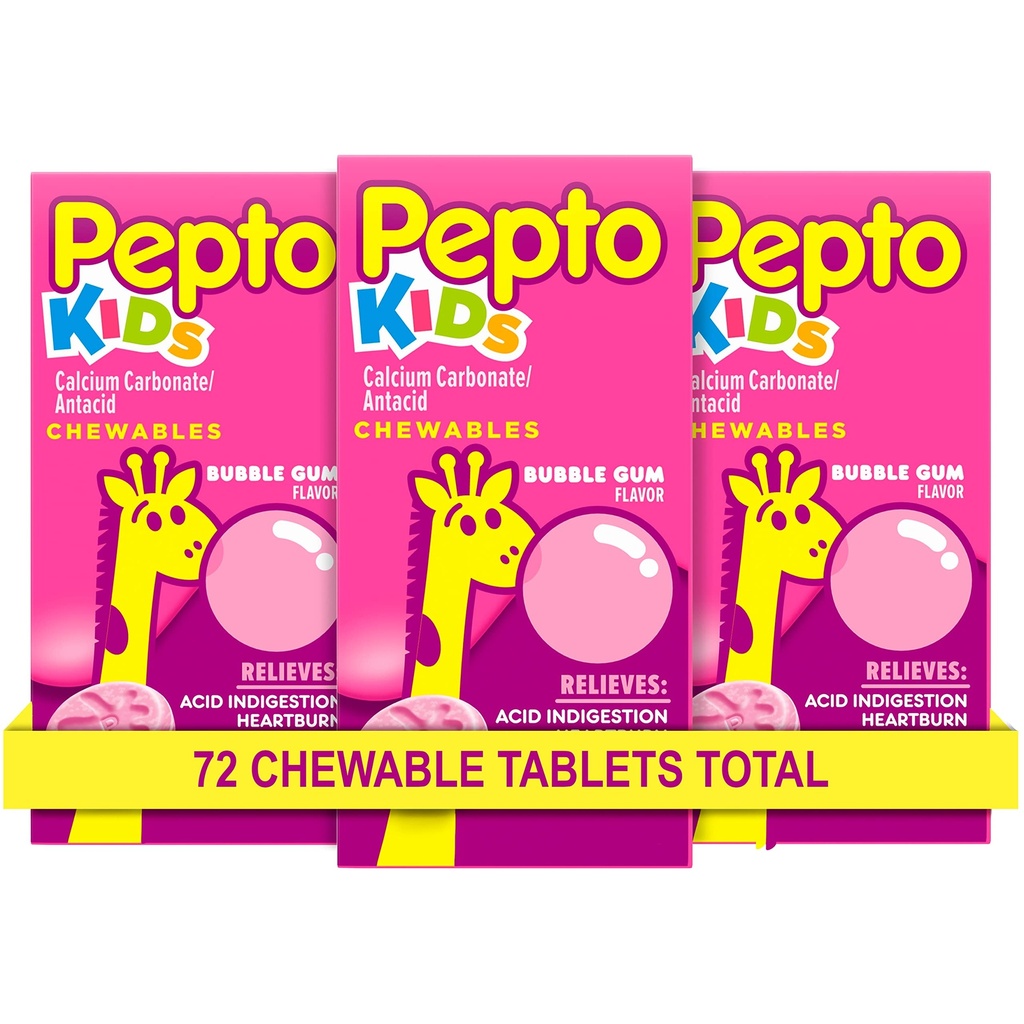 Pepto Kid's Kautabletten für Sodbrennen, Säureindigestion, Sour Stomach und Upset Stomach, Bubblegum Flavor, 72 Gesamt (3 Packs von 24)