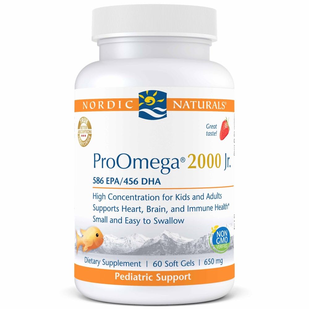 Nordic Naturals ProOmega 2000 Jr., Strawberry Flavor - 60 Soft Gels - 1120 mg Omega-3 - Ultra Potent Fish Oil - EPA & DHA - Fördert Gehirn, Herz & Immungesundheit - Non-GMO - 30 Portionen