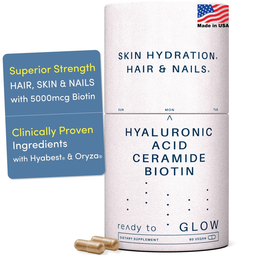 Supplément anti-vieillissement GLOW - Hyabest® Acide hyaluronique, Phytocéramides, 5000 mcg Biotine, Vitamine A, C, E, Zinc - Huiles capillaires Vitamines pour femmes et hommes - Rides et hydratation de la peau - 60 Capsules