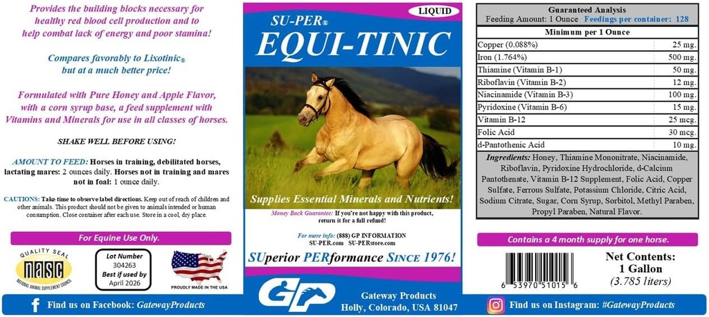 SU-PER Equi-Tinic Horse Minerals Supplement - Essential Minerals and Nährstoffs for Healthy Blood Cells & Energy - 1 Gallon