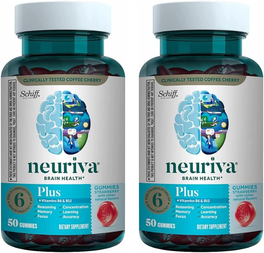 NEURIVA Plus Supplément Cerveau pour Mémoire, Focus & Concentration + Fonction cognitive avec Nootropics Phosphatidylsérine et Neurofactor, VIT B6 & B12, Fraise Flavor, 50 Glumies (2 Pack)