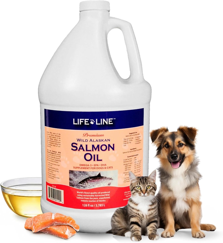 Life Line Wild Alaskan Lachsöl für Hunde & Katzen | Omega-3 Fish Oil Supplement für Hautgesundheit, Shiny Coat & Joint Support – 128 oz