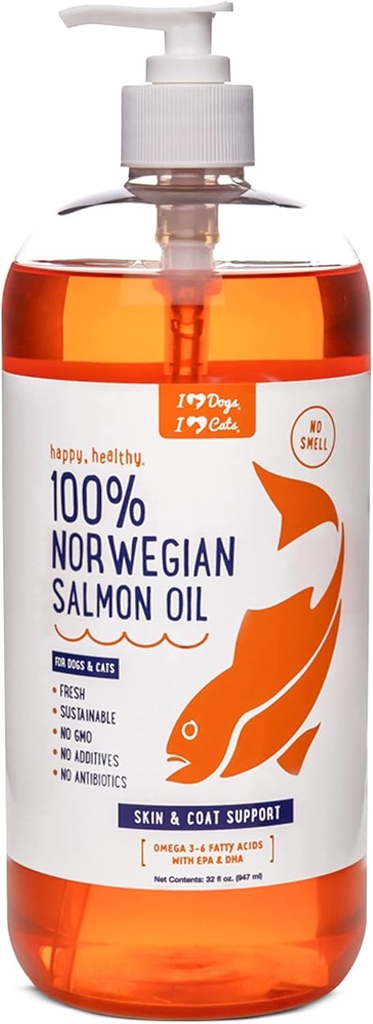 iHeartDogs Huile de saumon pour chiens et chats - La peau nourissante et l'huile de poisson Omega 3 pour chiens soutient l'allergie et le soulagement des démangeaisons, la santé cardiovasculaire et la santé articulaire - 32 oz