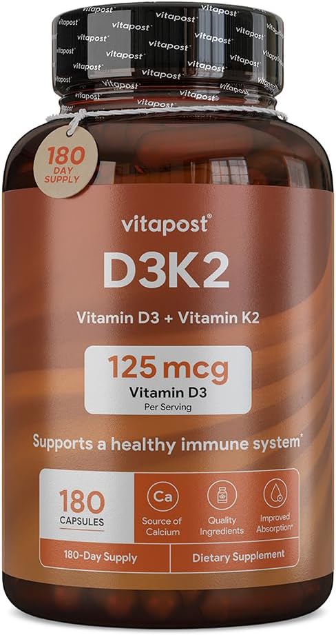 D3K2 | D3 K2 kombiniert Vitamin K und Vitamin D mit Calcium & BioPerine. D3 und K2 ergänzt gesunde Knochen, Herz und Muskeln | 180 Kapseln