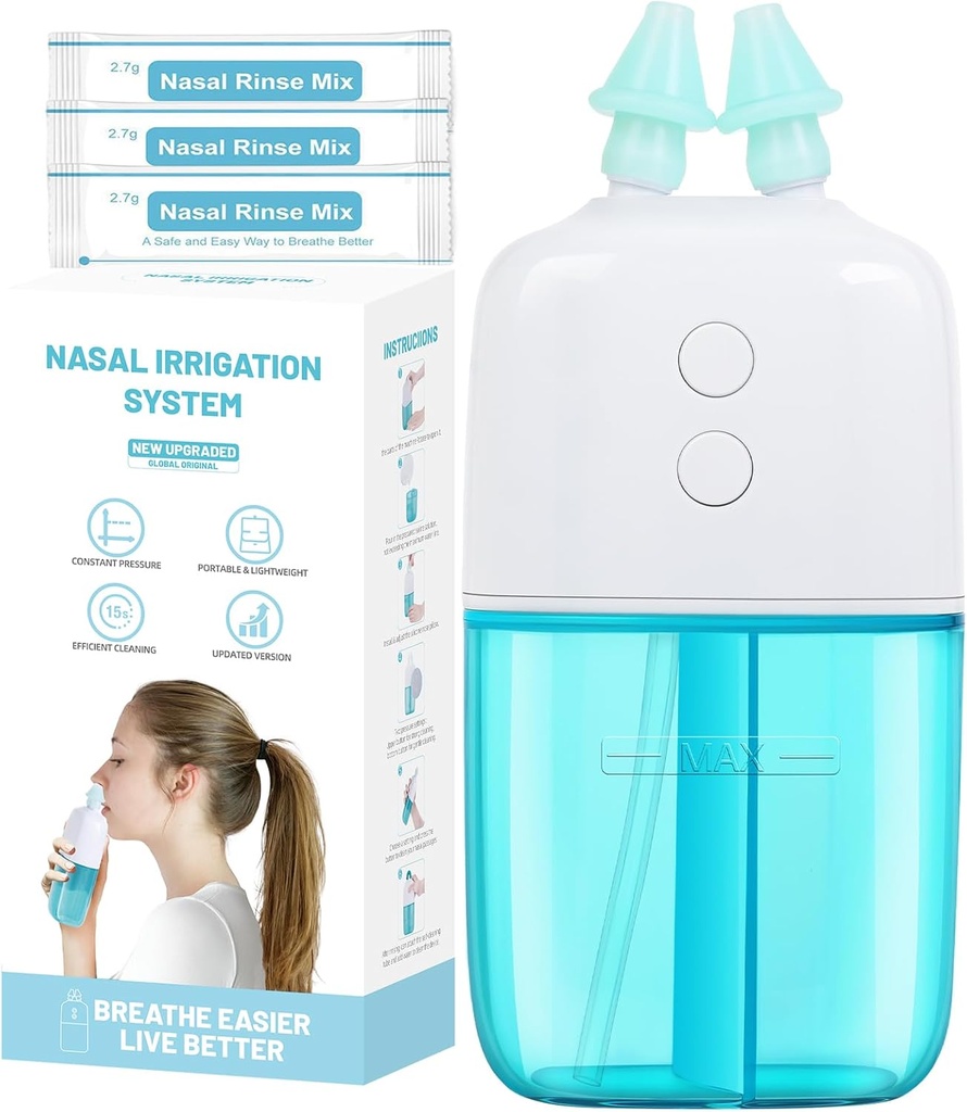 Nasal Bewässerungssystem mit 30 Saline Packets – Dual Speed und Auto Waste Collection – Tragbare und reisefreundliche Nasalbewässerung – Nasal Reiniger für Sinus Relief Nasal Rinse Machine