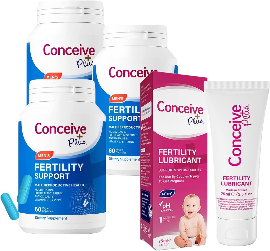 CONCEIVE PLUS Hommes Fécondité Bundle de 3 mois d'approvisionnement Suppléments de vitamine de fertilité pour les hommes 3 x 60 Compte et fertilité Lubrifiant 2.5 Ounce