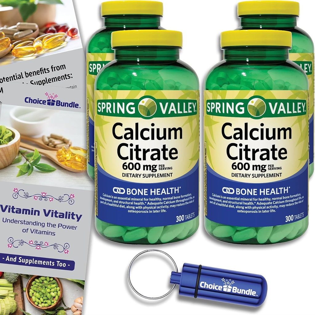 Spring Valley Calcium Citrate Tabletten Nahrungsergänzung 600 mg 300 Ct 4 pk Wahl Bundle (1200 Gesamt) + Vitamin Guide & Pill Container (6 Artikel)!