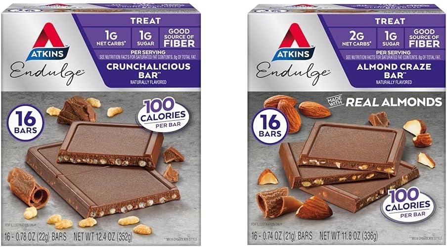 Atkins Endulge Treat Bars, Crunchalicious & Mandel Craze Flavors, 1-2g Net Carbs, 1g Zucker, gute Faserquelle, Keto Friendly, 16 Count