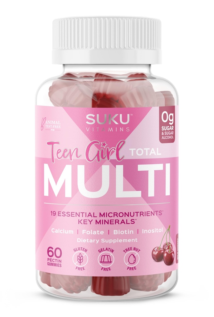SUKU Gummées multivitamines pour adolescentes – Vitamines A, B12, C, D3, E, Biotine & Zinc – Supplément végétarien sans sucre pour la peau, l'énergie, l'immunité et la santé des os – Saveur de cerise – 60 Comte