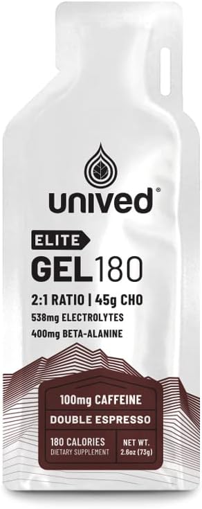 Unived Elite Gel 180-2:1 Rapport des glucides simples et complexes avec Beta Alanine et électrolytes essentiels - pour athlètes d'Endurance coureurs et cyclistes -180kcal - Double Espresso - 100mg Caféine - Pack de 6