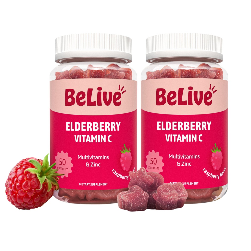 BeLive Elderberry Gummies mit Zink und Vitamin C - Immununterstützungsergänzung mit Vitamin D, A, E, B12 - Gummie für gesunde Knochen & Zähne, Vegan, Keto & Non-GMO - Raspberry Flavor | 2-Pack