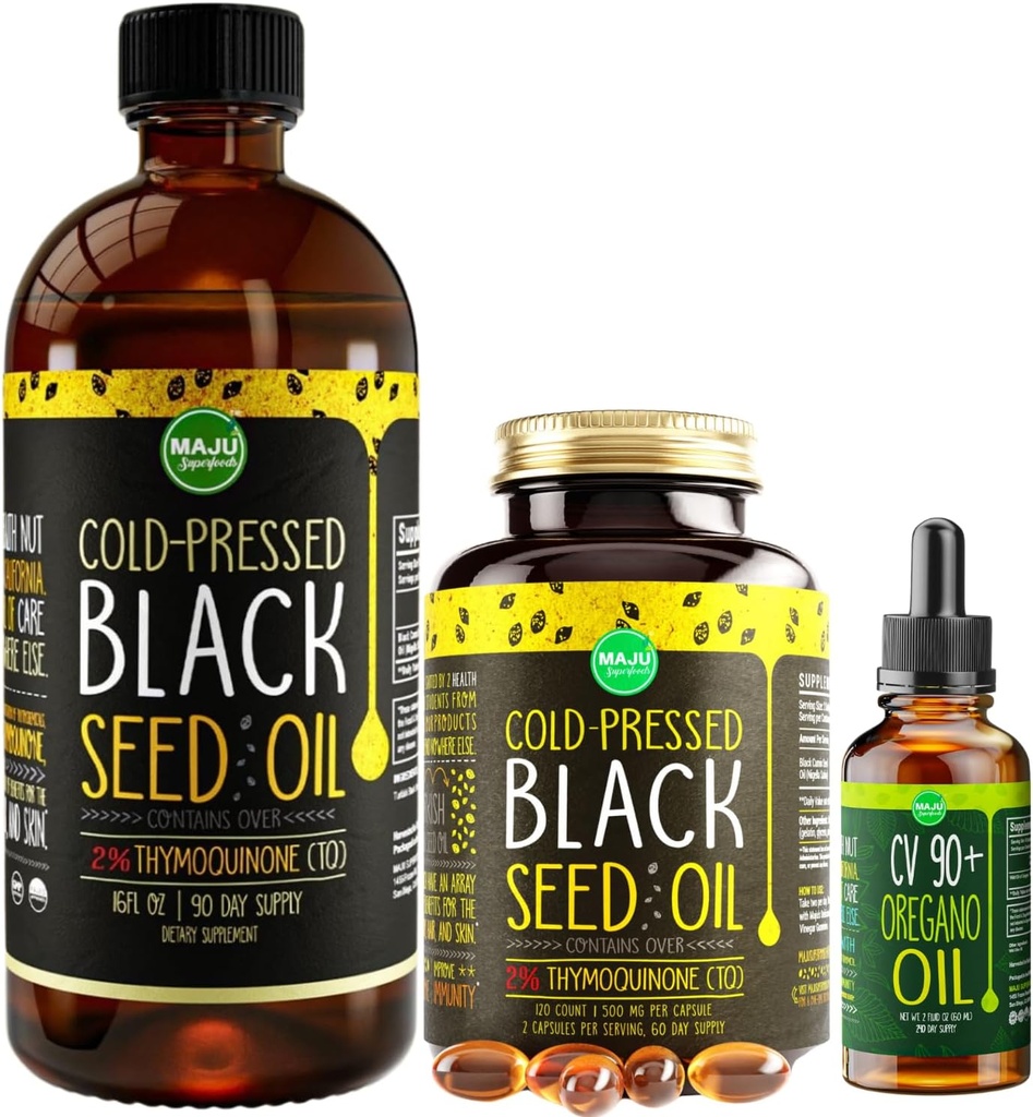 Maju Superfoods Große schwarze Samen Öl und Oregano Bundle