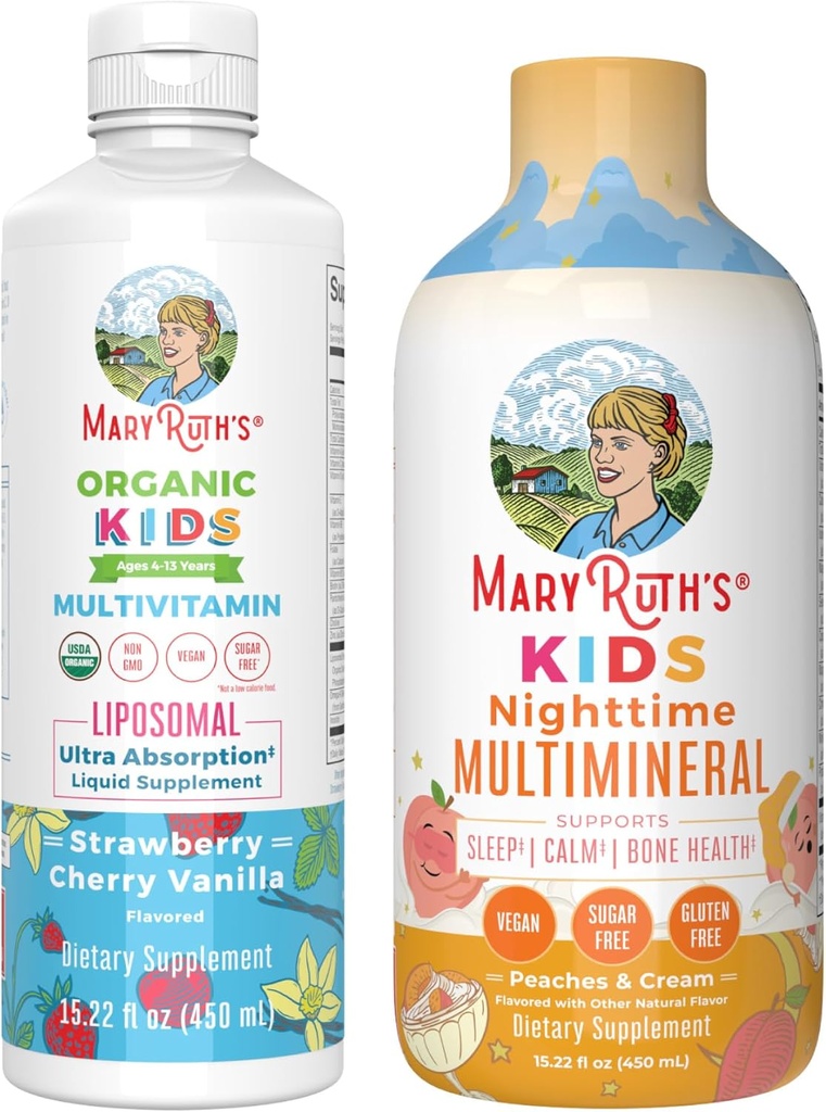 MaryRuth's Nighttime Multimineral (Peaches & Cream) und Multivitamin Liposomal (Strawberry Cherry & Vanilla) für Kinder | Clean Label Project Verified® | Vegan Vitamine für Muslce Relaxation & Overall W
