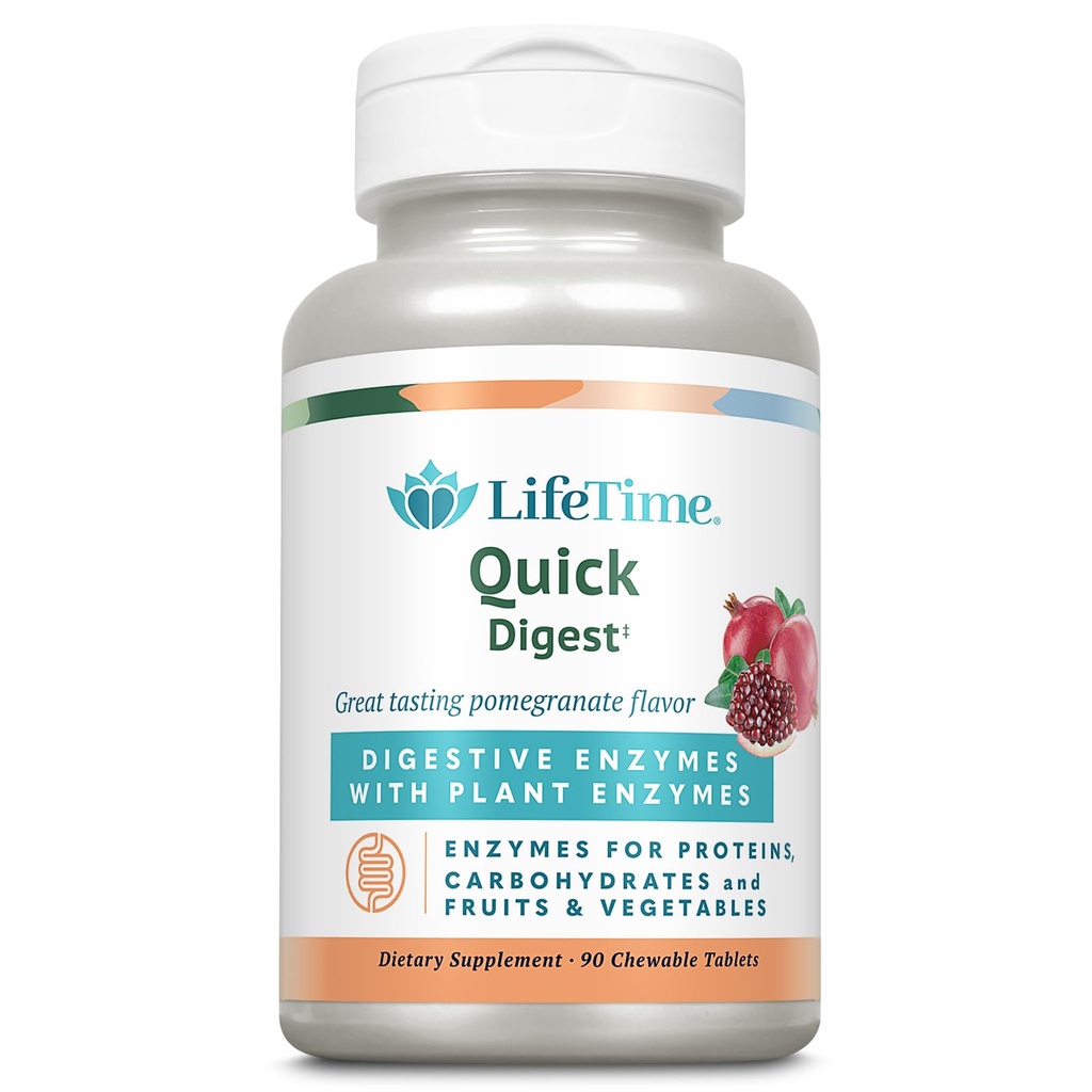 LifeTIME Quick Digest Enzymes digestifs - Enzymes végétales pour les protéines, les glucides, les fruits et les légumes - Soutien de la santé digestive - Flamand de grenade - 90 portions, 90 comprimés à croquer